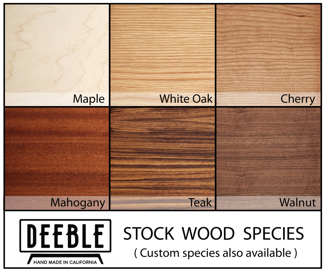 Stock wood species swatches: walnut, cherry, white oak, maple, mahogany, teak