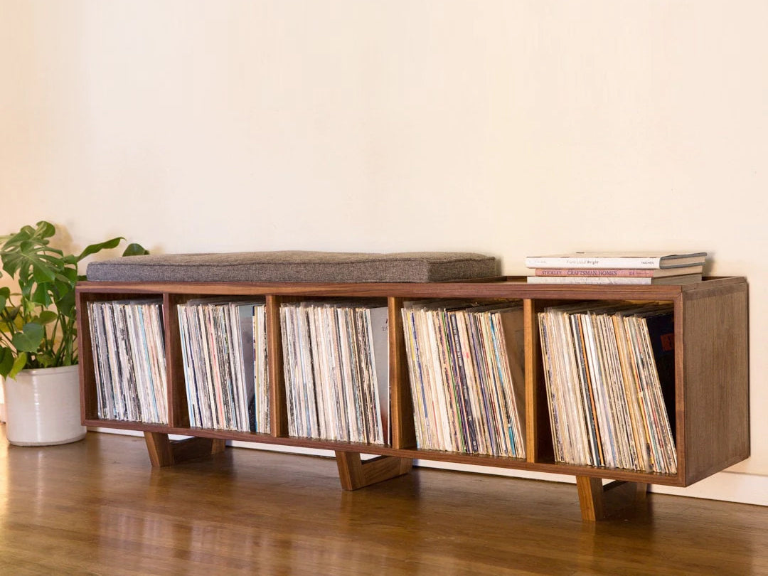 Vinyl LP Storage bench with Mid Century Modern Stylings