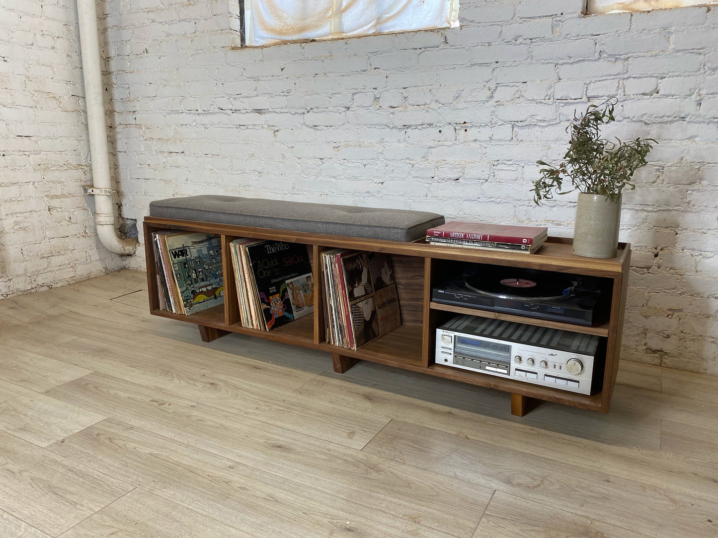 hi fi vinyl storage bench with component shelf