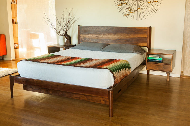 Classic Modern Bed with Storage and Attached Night Stands (Danish Mid Century Modern Style Bed)